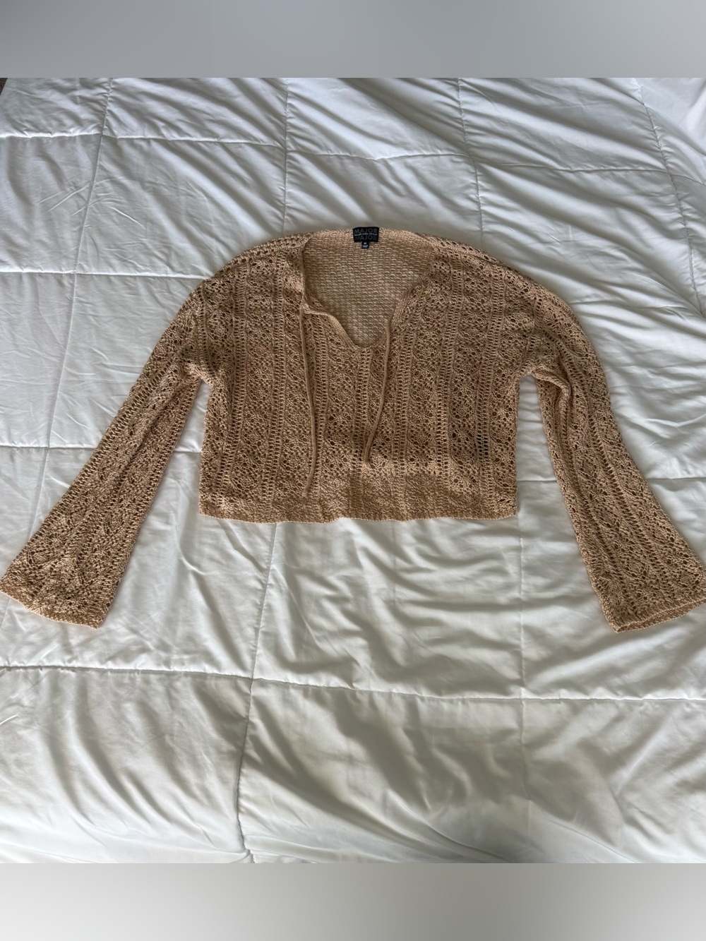 Open-Knit Cropped V-Neck Sweater in Beige